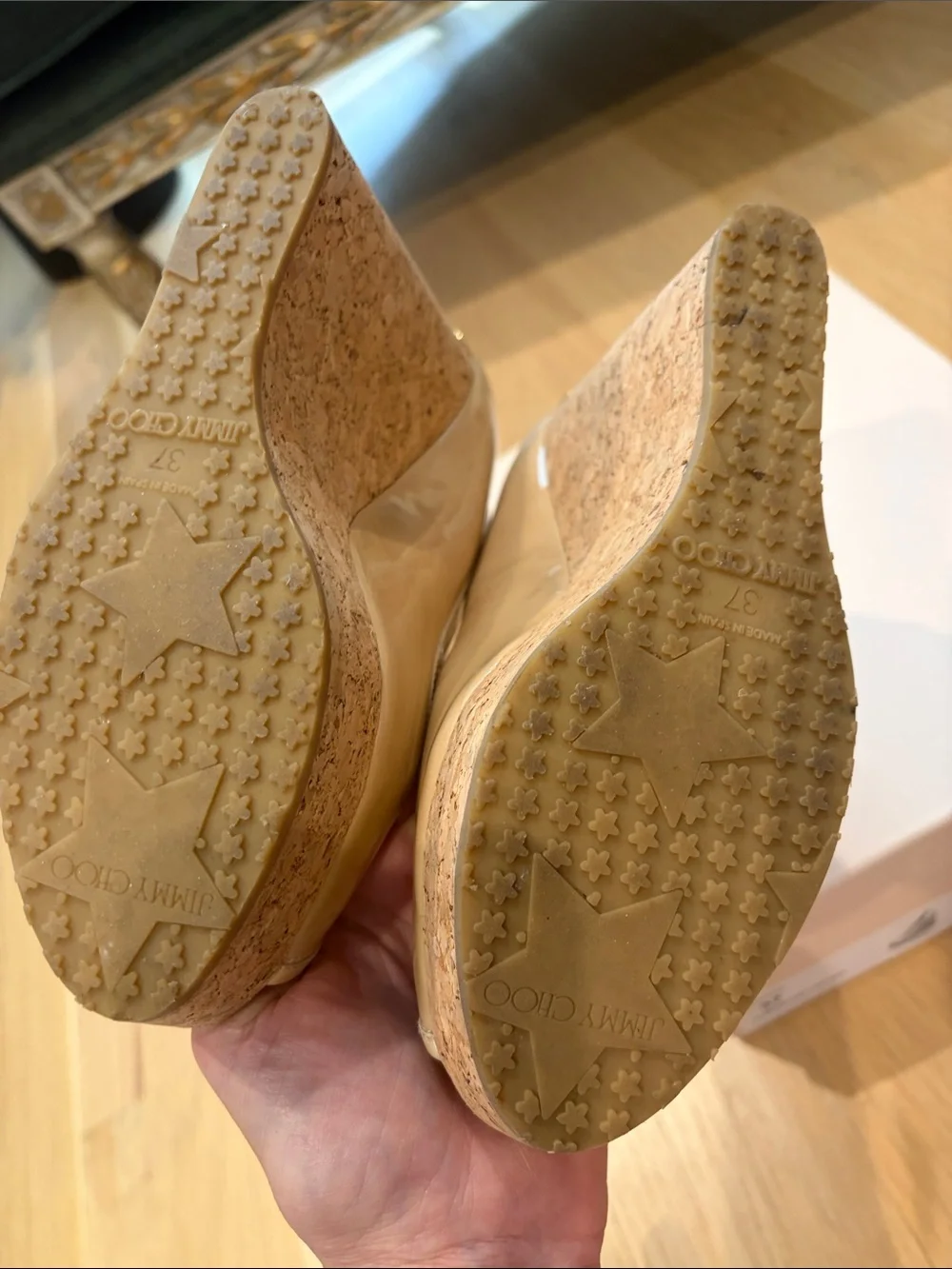 Jimmy Choo Nude Patent Peep-Toe Cork Platform Pumps